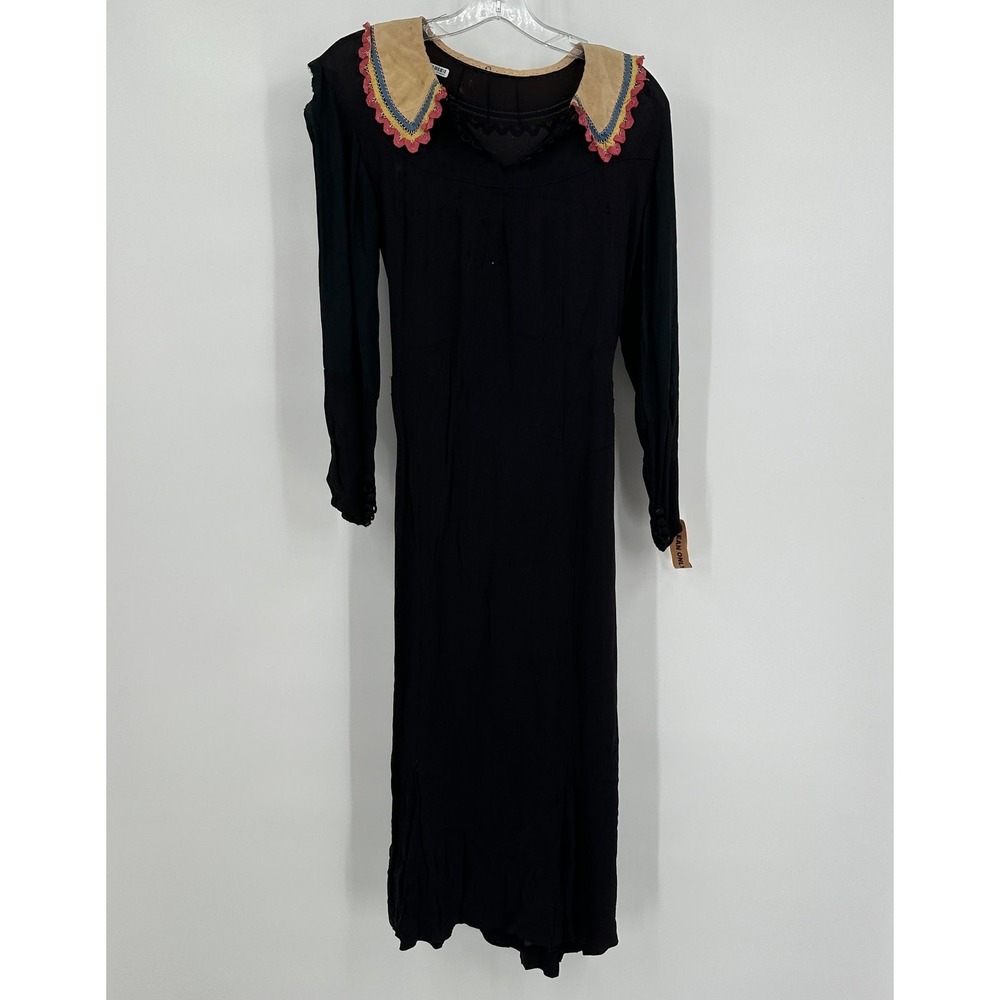 Vintage 1930s Art Deco Black Crepe Midi Dress Embroidered Restoration Piece FLAW